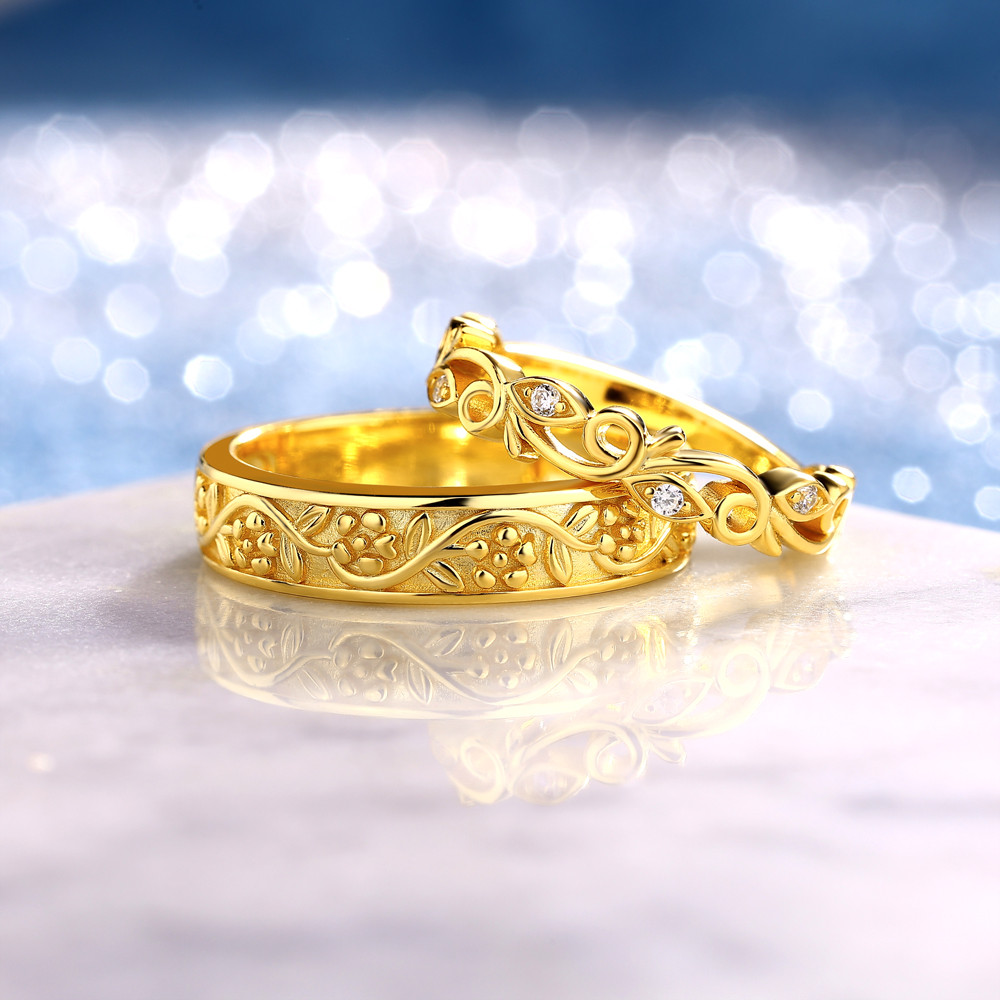 Round Cut Diamond White 925 Sterling Silver Yellow Gold Floral Vine Couple Rings