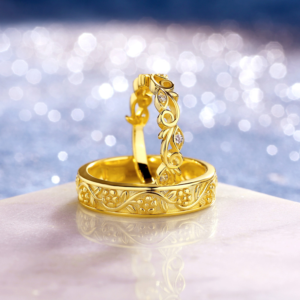 Round Cut Diamond White 925 Sterling Silver Yellow Gold Floral Vine Couple Rings