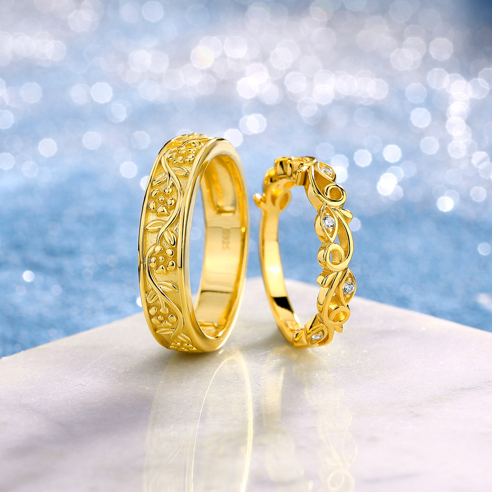 Round Cut Diamond White 925 Sterling Silver Yellow Gold Floral Vine Couple Rings