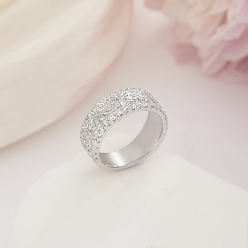 Round Cut Diamond White 925 Sterling Silver Vintage Filigree Wedding Ring