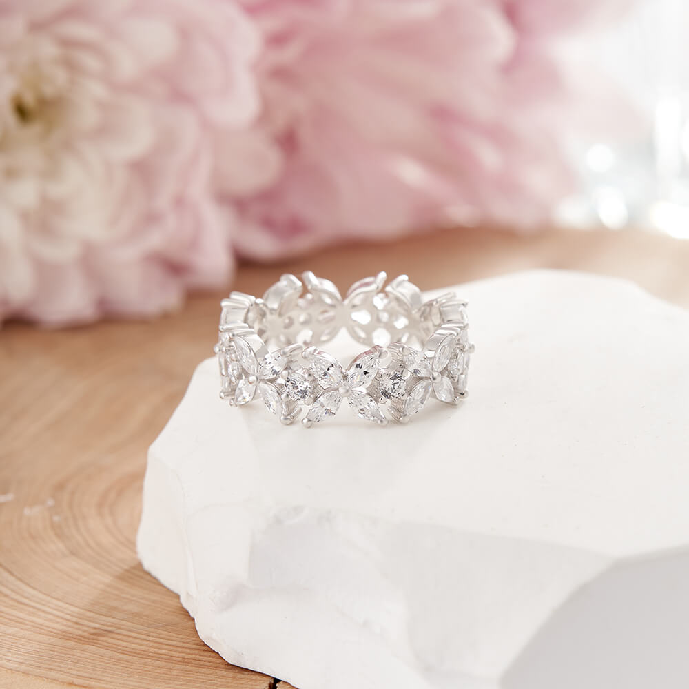 Marquise Cut Diamond White 925 Sterling Silver Floral Cluster Wedding Ring