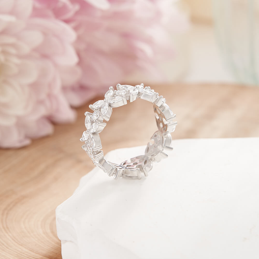 Marquise Cut Diamond White 925 Sterling Silver Floral Cluster Wedding Ring