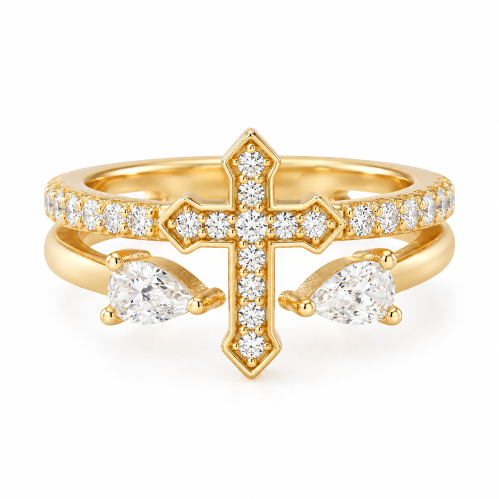 Pear Cut Diamond White 925 Sterling Silver Cross Statement Ring