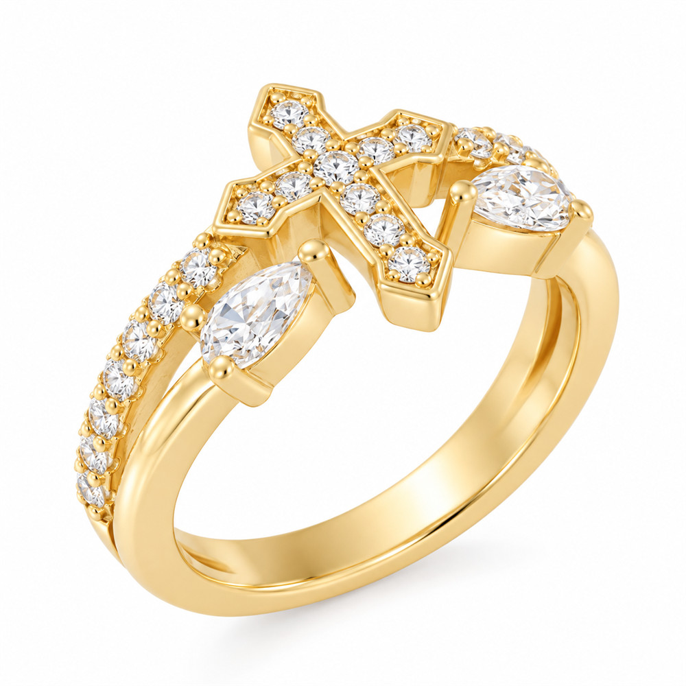 Pear Cut Diamond White 925 Sterling Silver Cross Statement Ring