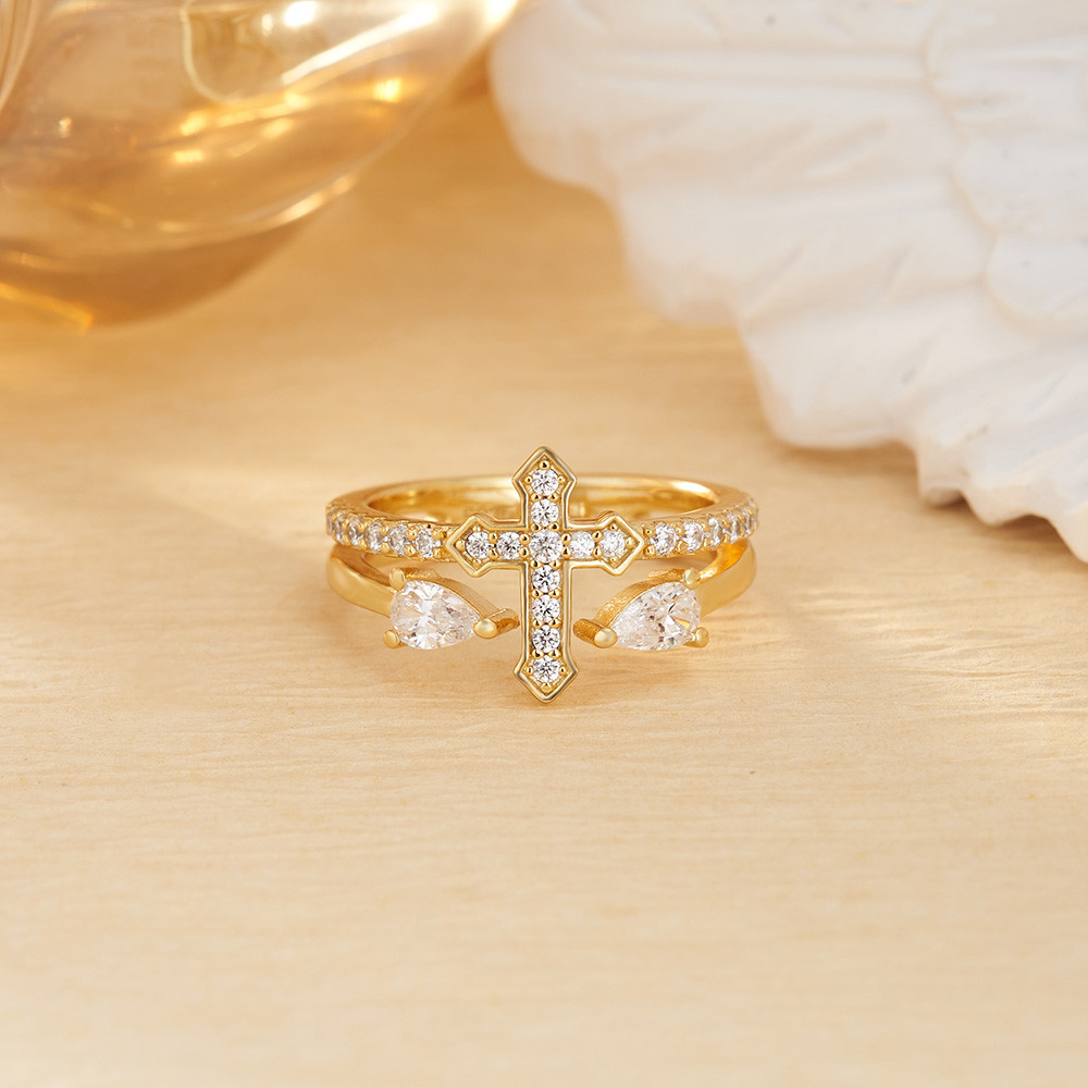 Pear Cut Diamond White 925 Sterling Silver Cross Statement Ring
