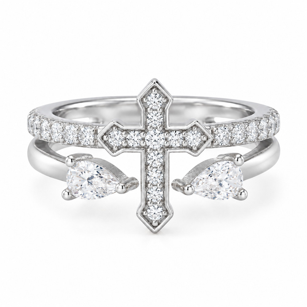 Pear Cut Diamond White 925 Sterling Silver Cross Statement Ring
