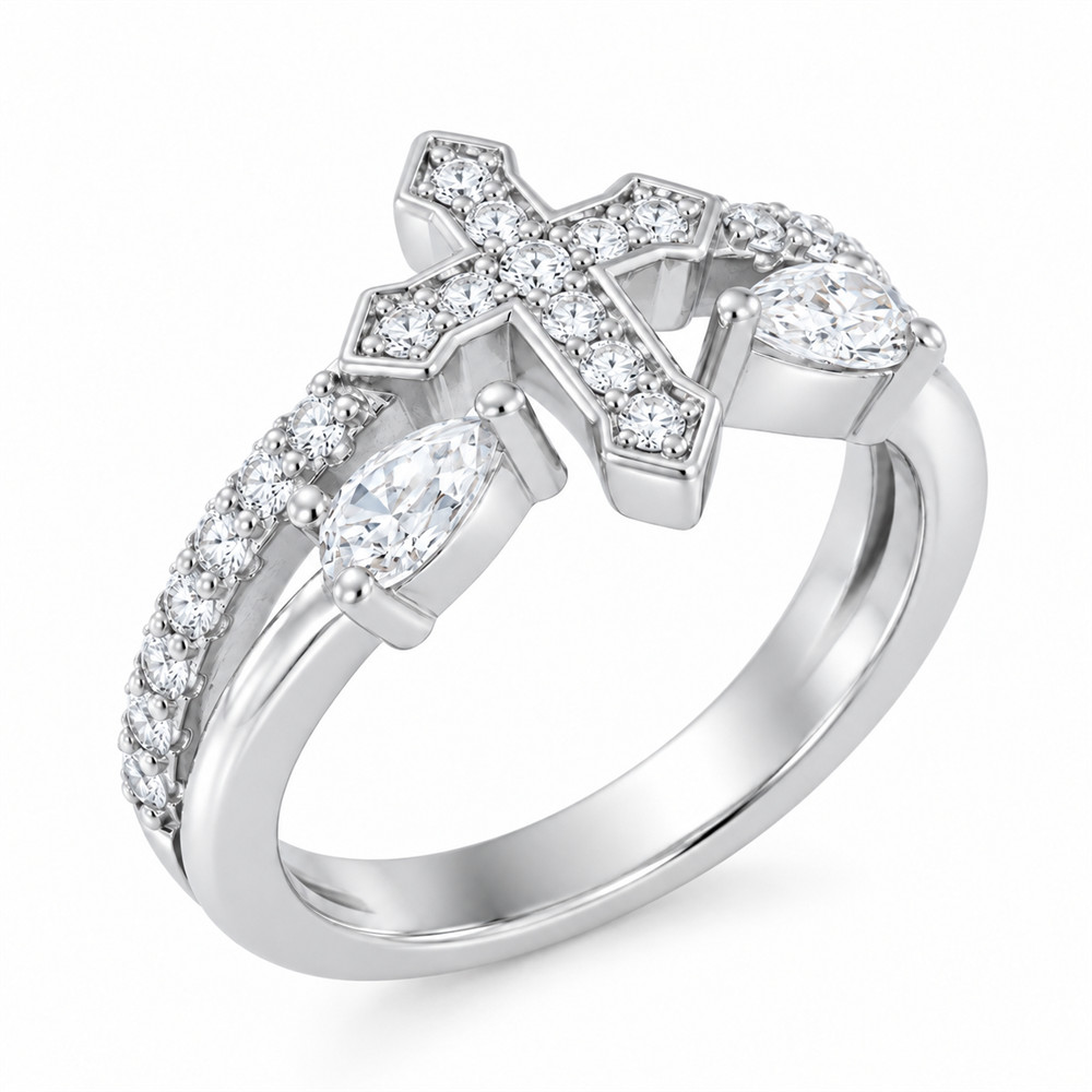 Pear Cut Diamond White 925 Sterling Silver Cross Statement Ring