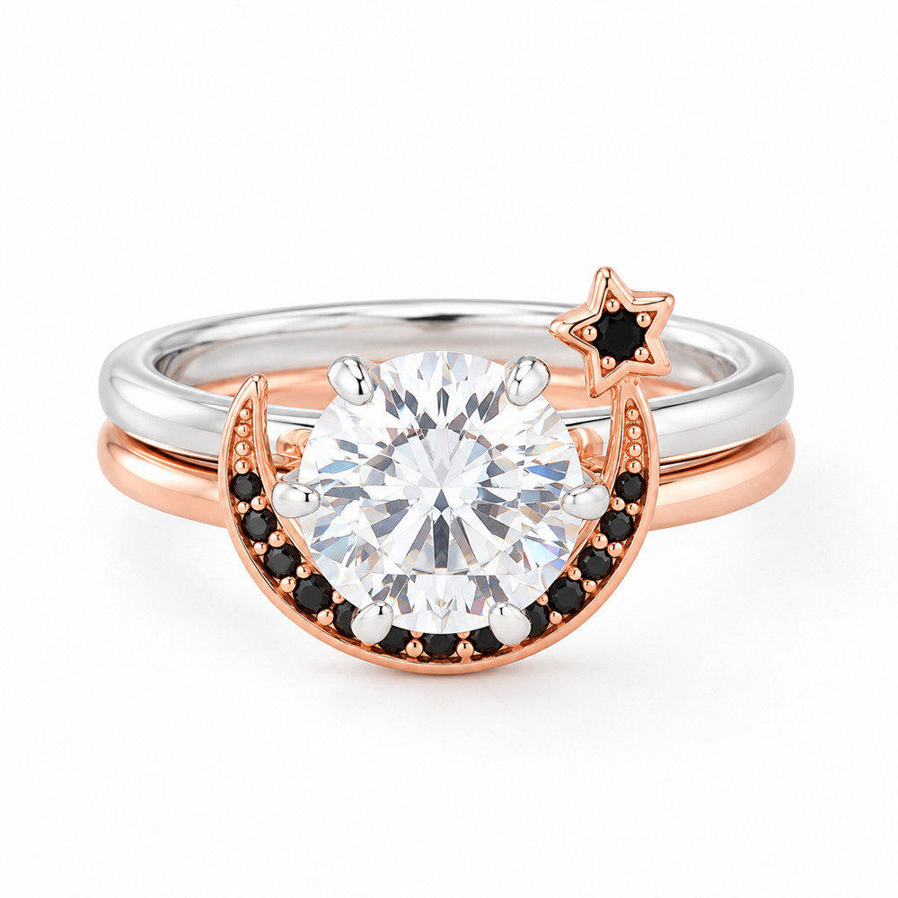 Round Cut Diamond White Sterling Silver Two-Tone Moon and Star Ring Sets