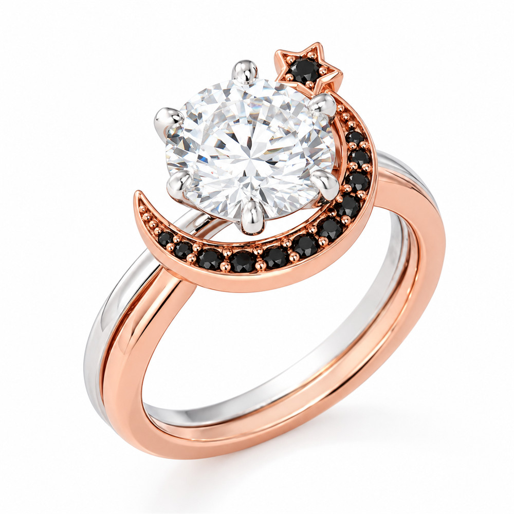 Round Cut Diamond White Sterling Silver Two-Tone Moon and Star Ring Sets