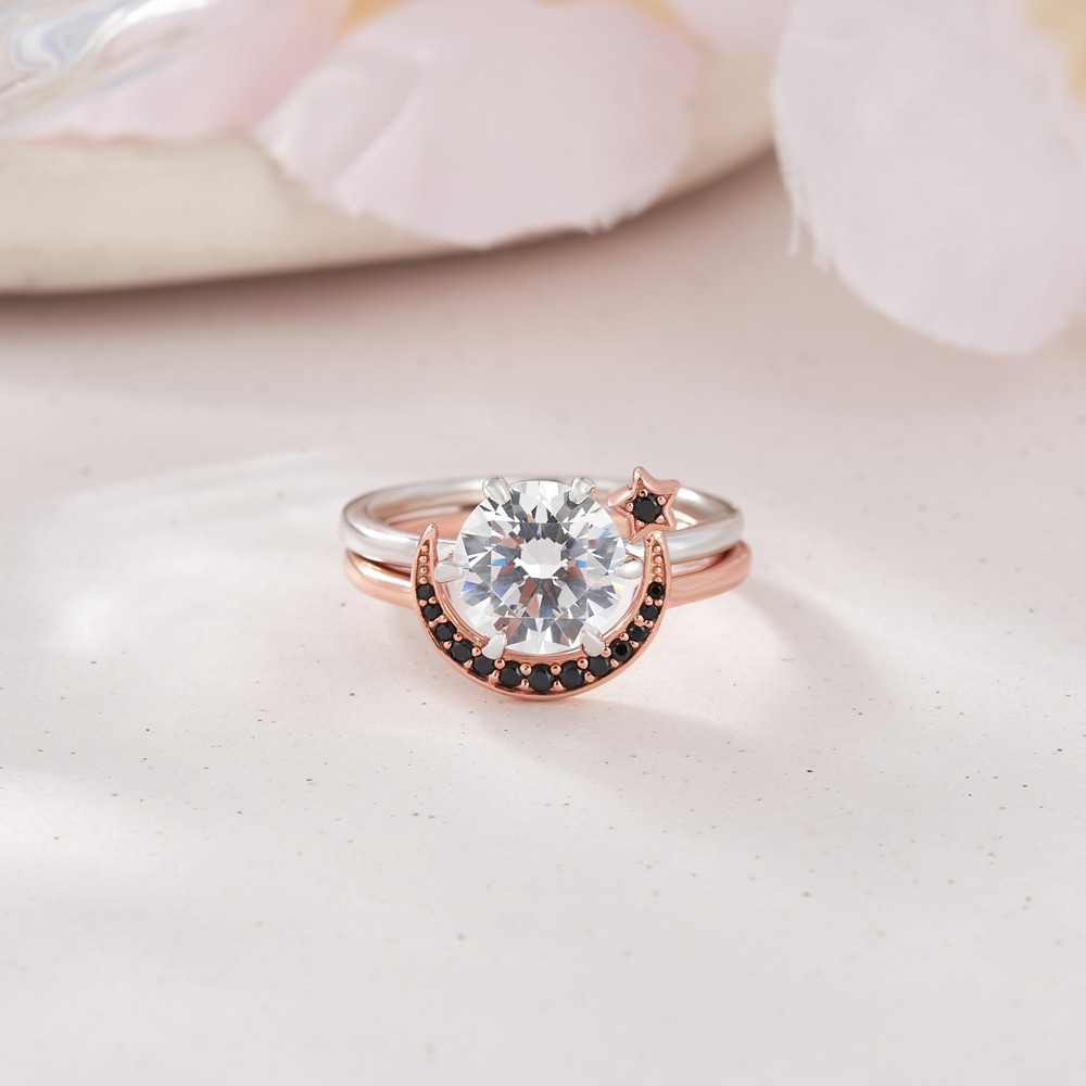 Round Cut Diamond White Sterling Silver Two-Tone Moon and Star Ring Sets
