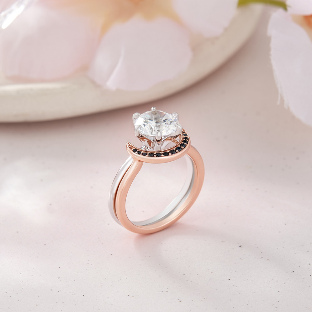 Round Cut Diamond White Sterling Silver Two-Tone Moon and Star Ring Sets