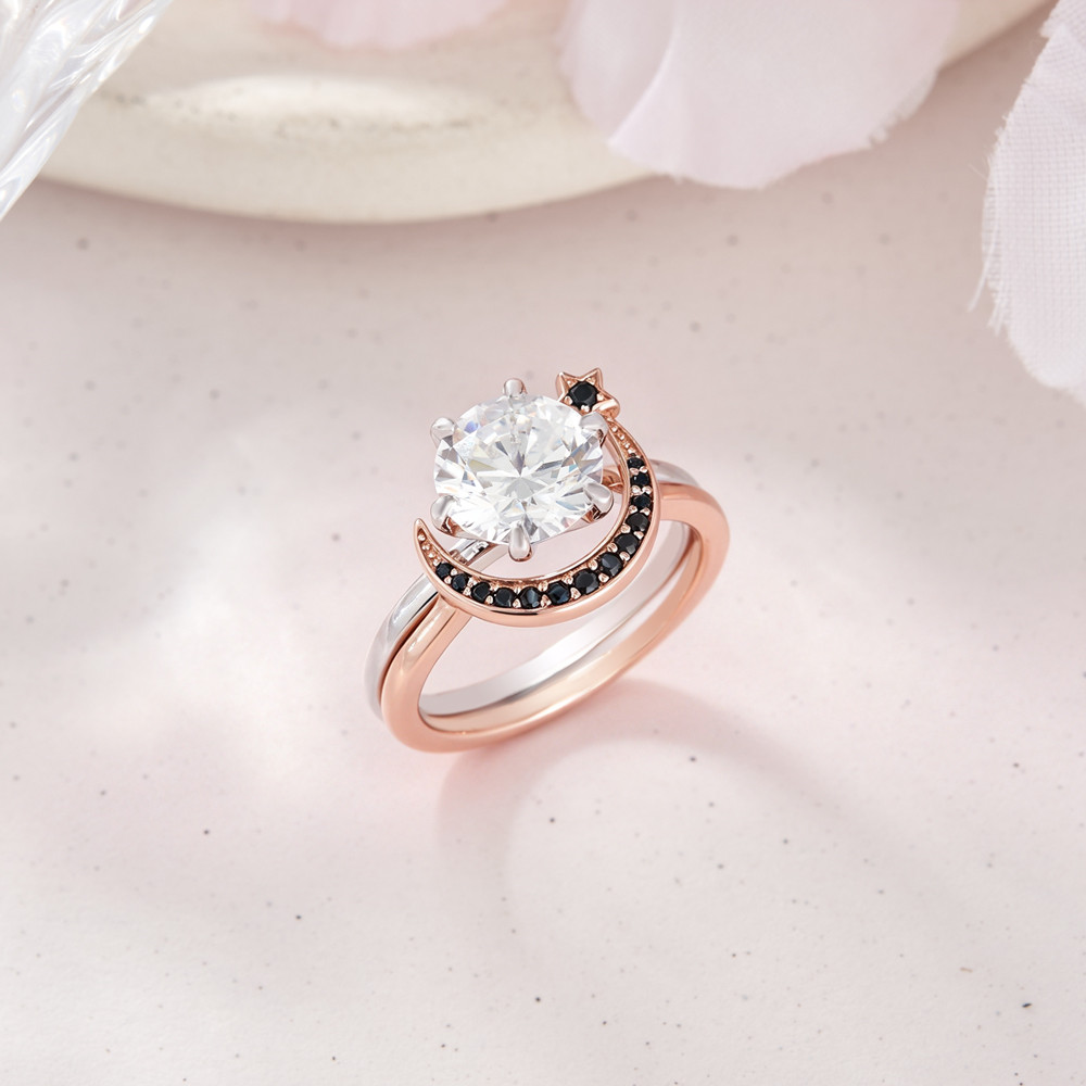 Round Cut Diamond White Sterling Silver Two-Tone Moon and Star Ring Sets
