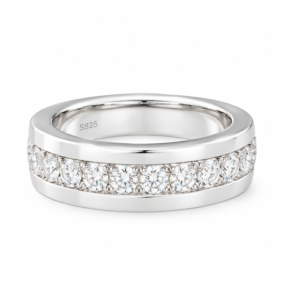 Round Cut Diamond White Sterling Silver Wedding Band Ring