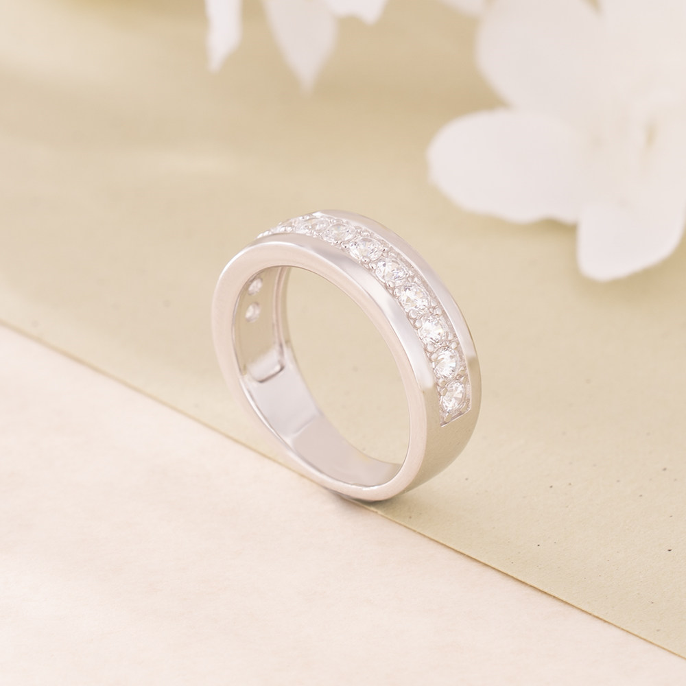 Round Cut Diamond White Sterling Silver Wedding Band Ring
