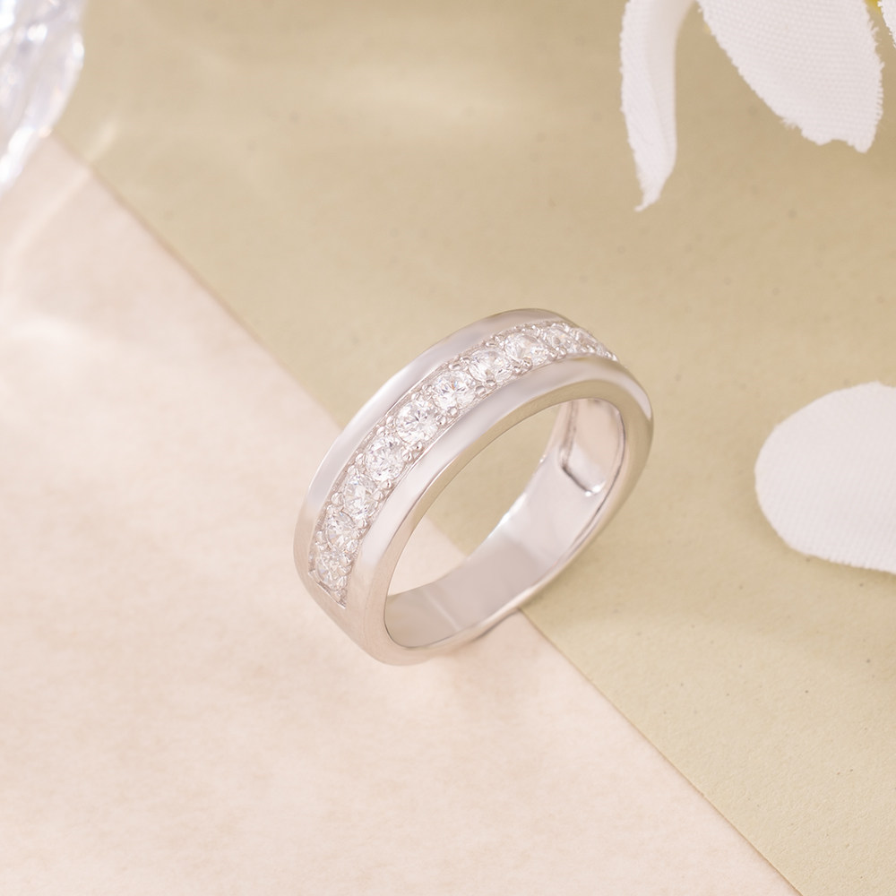 Round Cut Diamond White Sterling Silver Wedding Band Ring