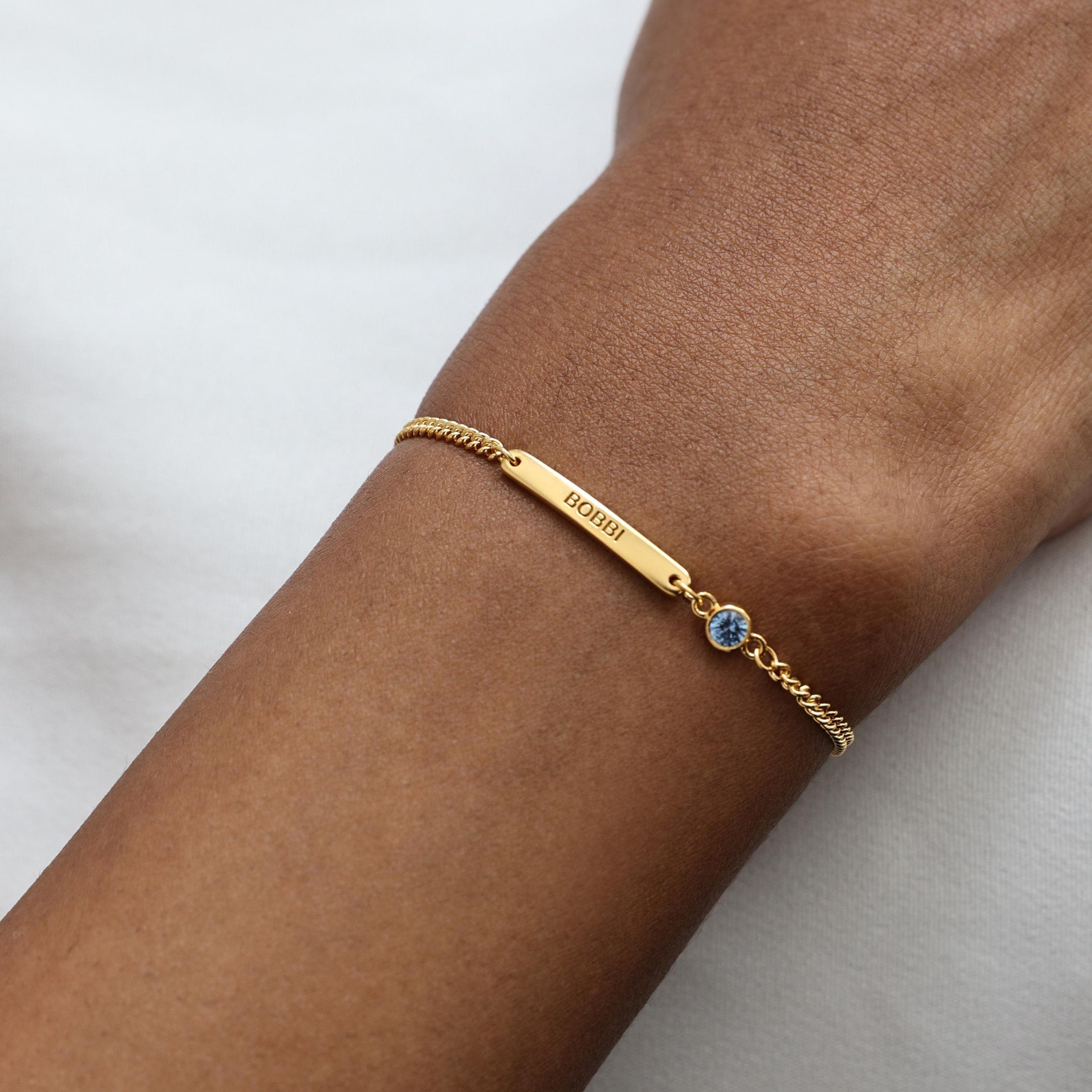 Round Cut Sterling Silver Family Personalized Birthstone Engraved Bar Bracelet Gift