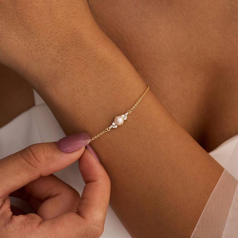Minimalist Sterling Silver Freshwater Pearl with CZ Diamond Bracelet