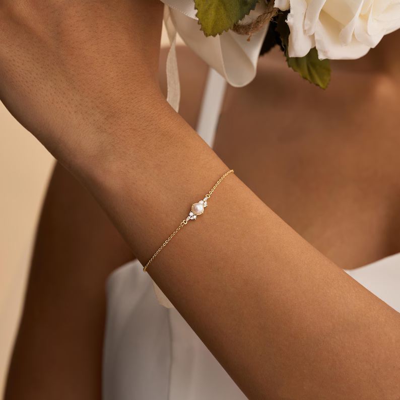 Minimalist Sterling Silver Freshwater Pearl with CZ Diamond Bracelet