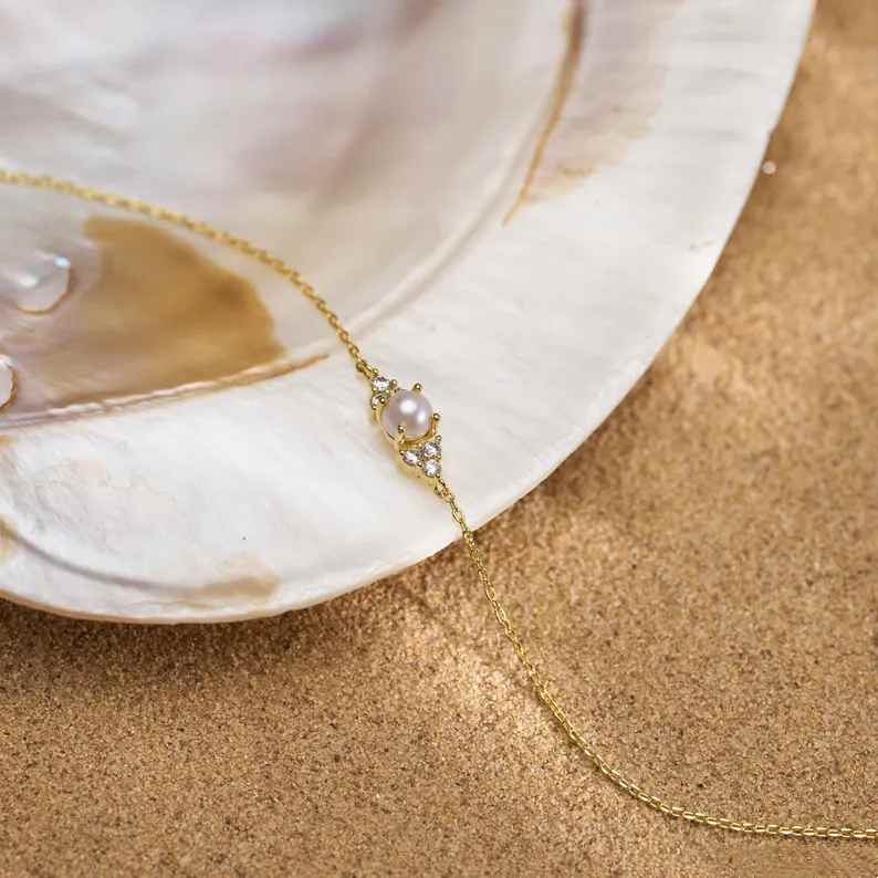Minimalist Sterling Silver Freshwater Pearl with CZ Diamond Bracelet
