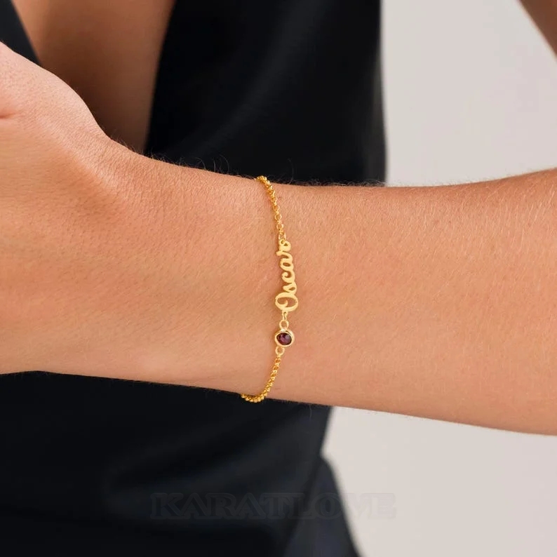 Round Cut Sterling Silver Family Personalized Birthstone Name Bracelet Gift