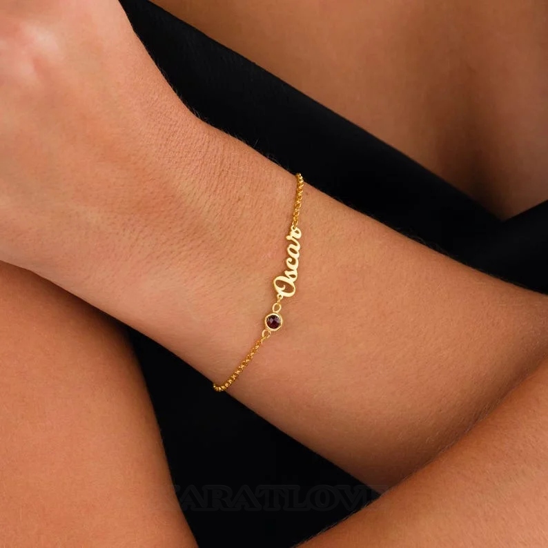 Round Cut Sterling Silver Family Personalized Birthstone Name Bracelet Gift