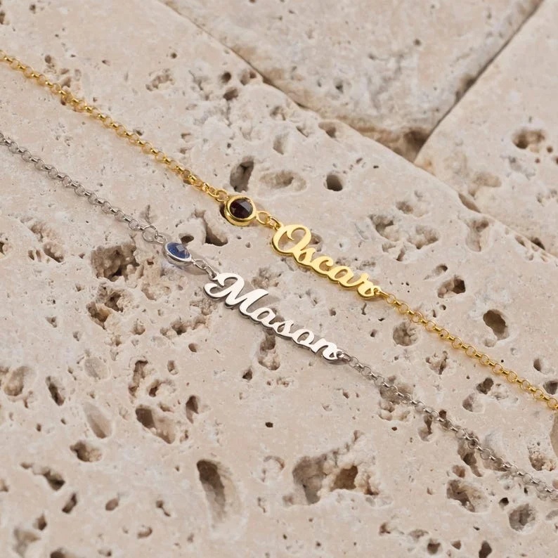 Round Cut Sterling Silver Family Personalized Birthstone Name Bracelet Gift