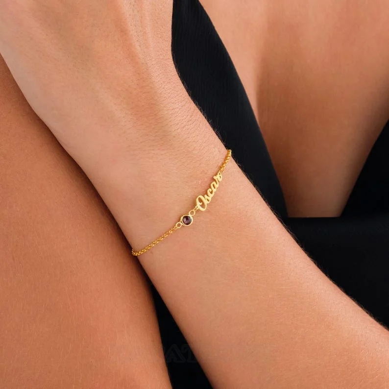 Round Cut Sterling Silver Family Personalized Birthstone Name Bracelet Gift