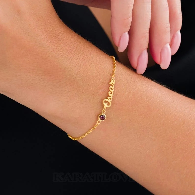 Round Cut Sterling Silver Family Personalized Birthstone Name Bracelet Gift