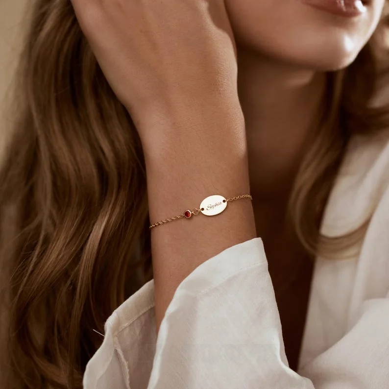 Round Cut Sterling Silver Family Personalized Birthstone Engraved Bar Bracelet Gift For Loved One