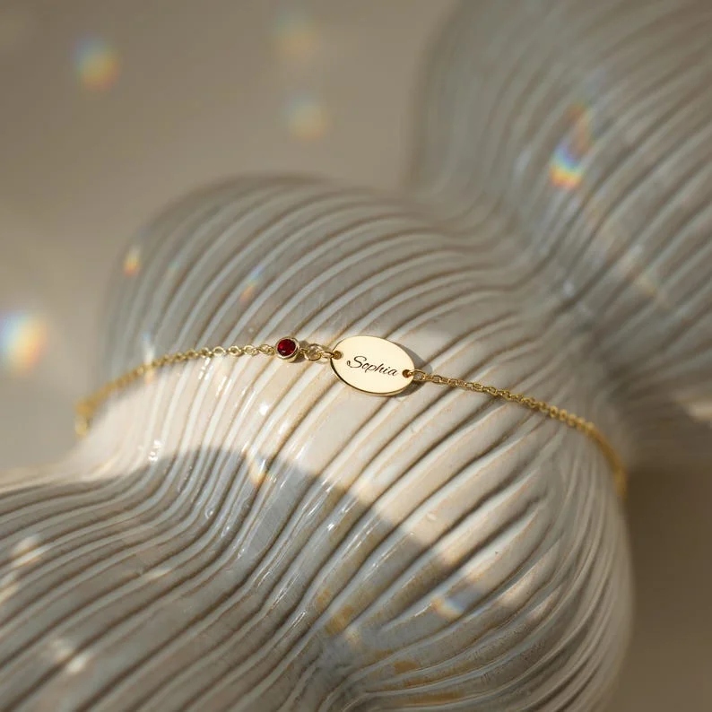 Round Cut Sterling Silver Family Personalized Birthstone Engraved Bar Bracelet Gift For Loved One