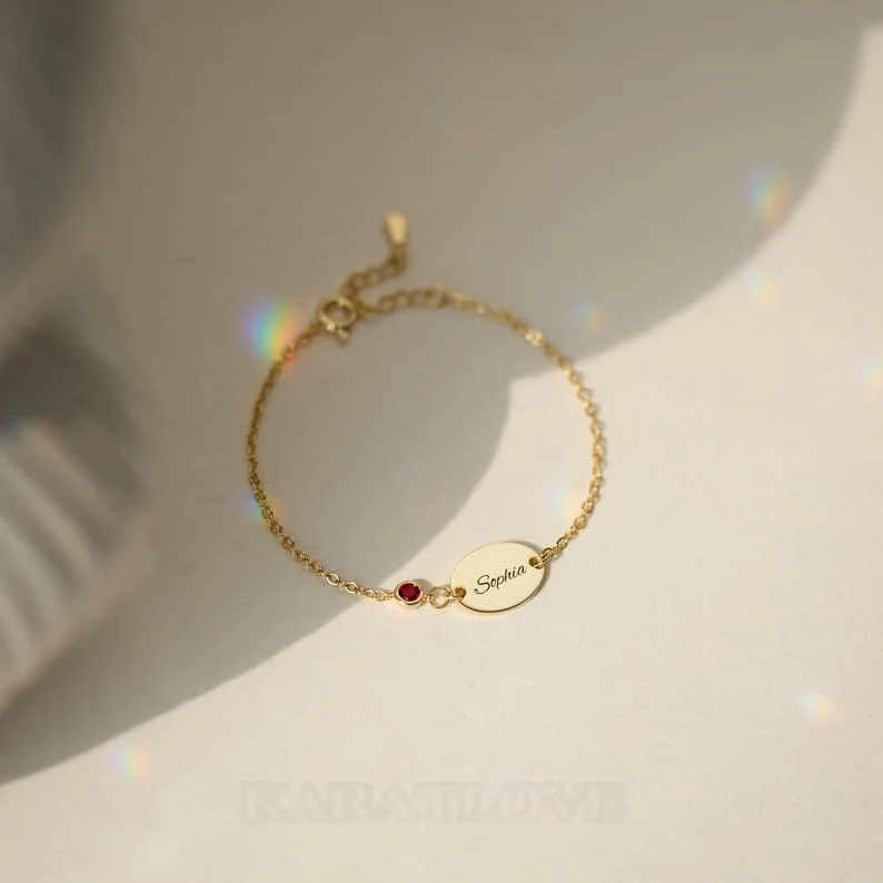 Round Cut Sterling Silver Family Personalized Birthstone Engraved Bar Bracelet Gift For Loved One