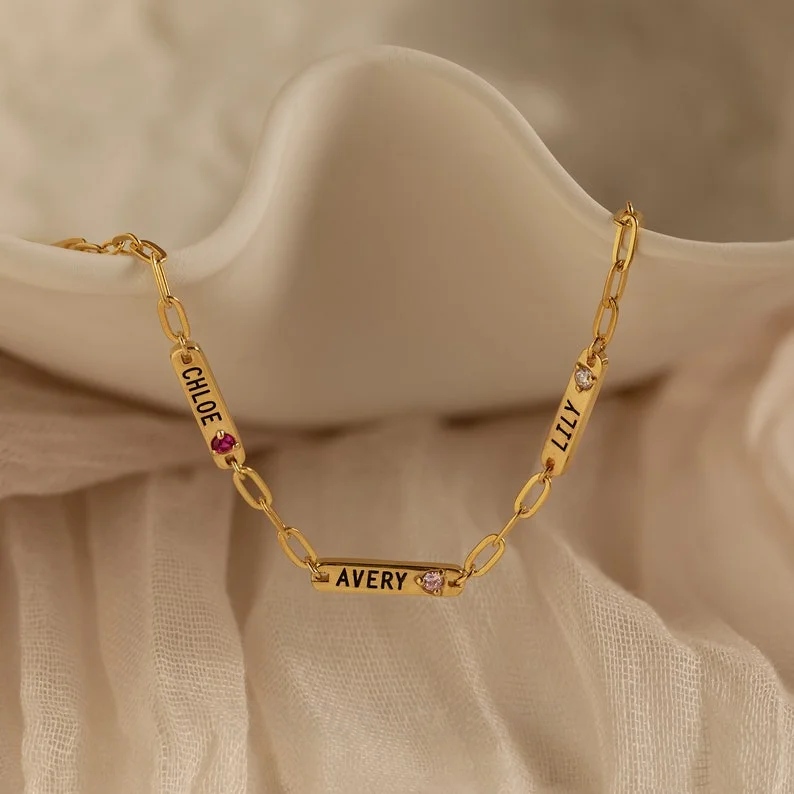 Name Bracelet With Multiple Gemstone Charm Personalized Birthstone Engraved Bar Bracelet Gift