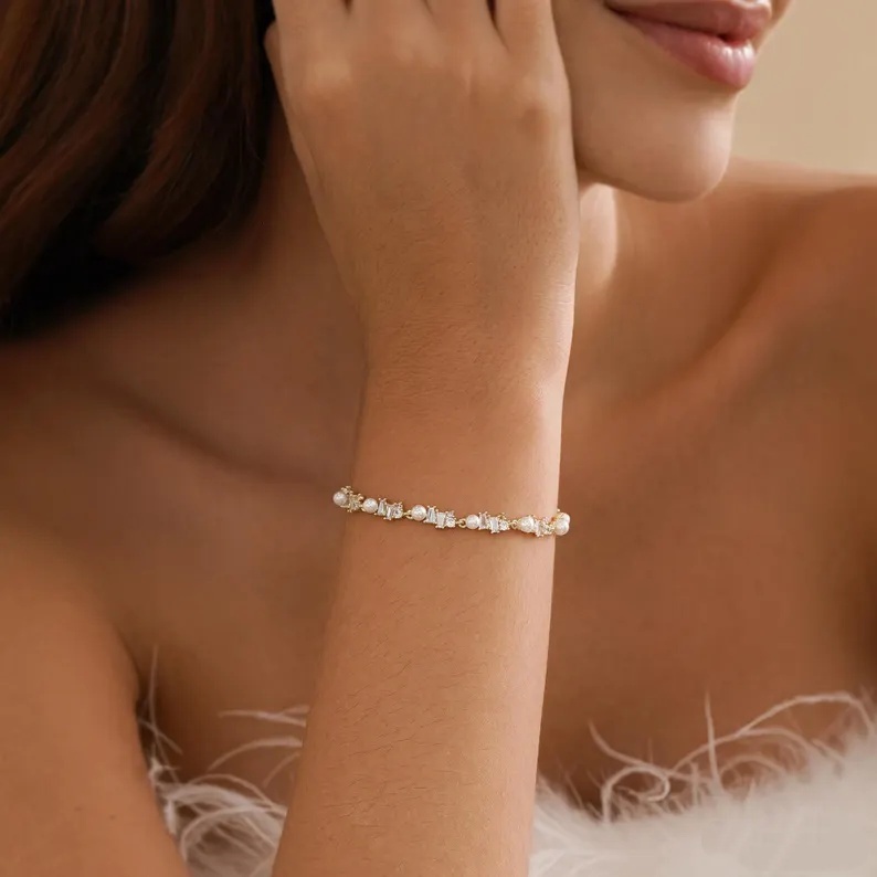 Minimalist Crystal Pearl Sterling Silver Bracelet for Women