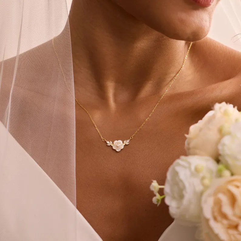 Minimalist Mother of Pearl Sterling Silver Flower Necklace