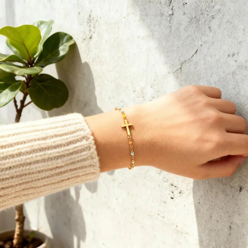 Minimalist 925 Sterling Silver Cross Bracelet for Women