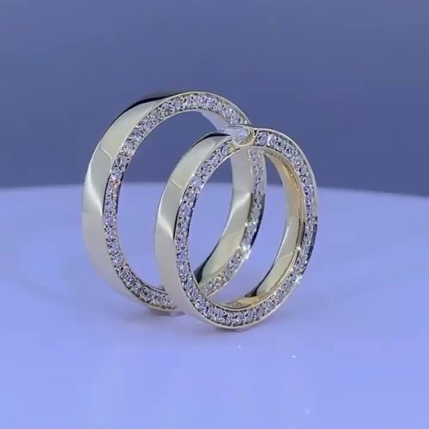 Round Cut Diamond White Yellow Gold Couple Rings in 925 Sterling Silver