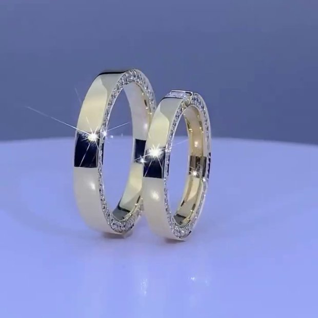 Round Cut Diamond White Yellow Gold Couple Rings in 925 Sterling Silver