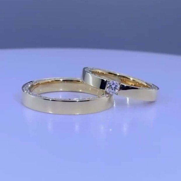 Round Cut Diamond White Yellow Gold Couple Rings in 925 Sterling Silver