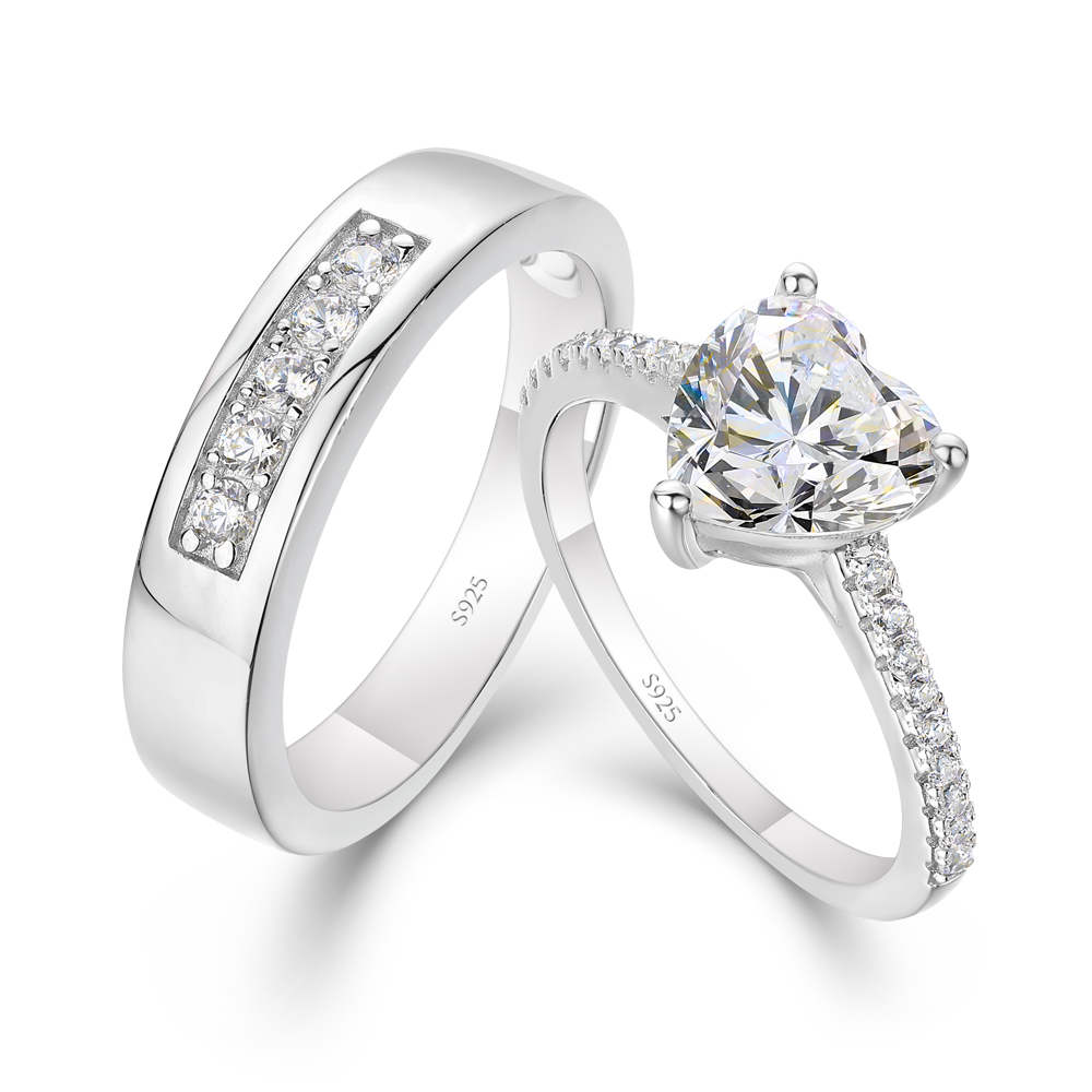 Heart Cut Diamond White 925 Sterling Silver Wedding Couple Rings