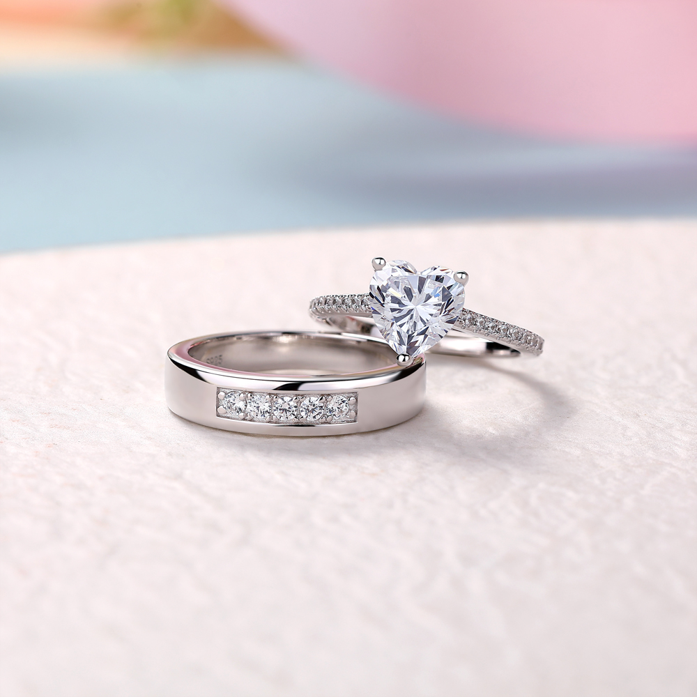 Heart Cut Diamond White 925 Sterling Silver Wedding Couple Rings