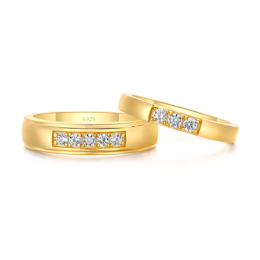 Round Cut Diamond White 925 Sterling Silver Yellow Gold Wedding Couple Rings