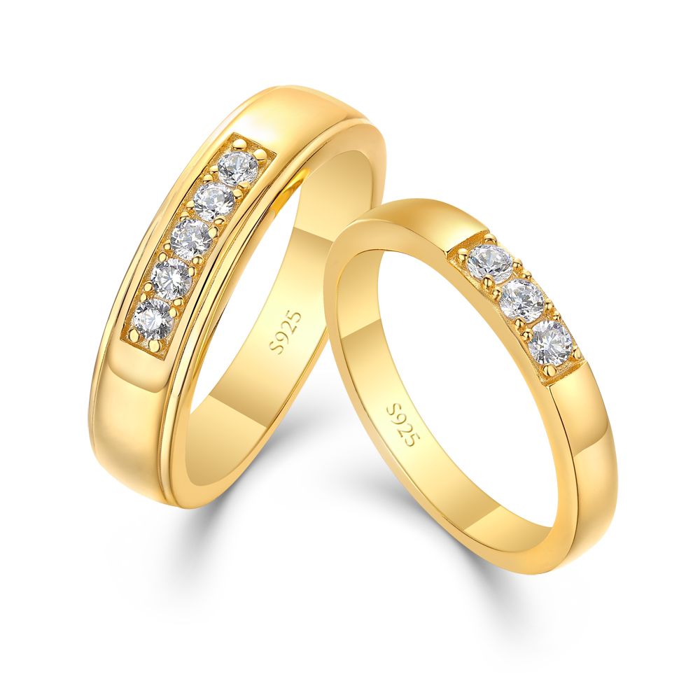 Round Cut Diamond White 925 Sterling Silver Yellow Gold Wedding Couple Rings