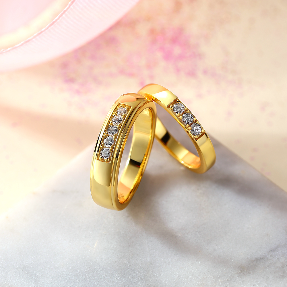 Round Cut Diamond White 925 Sterling Silver Yellow Gold Wedding Couple Rings