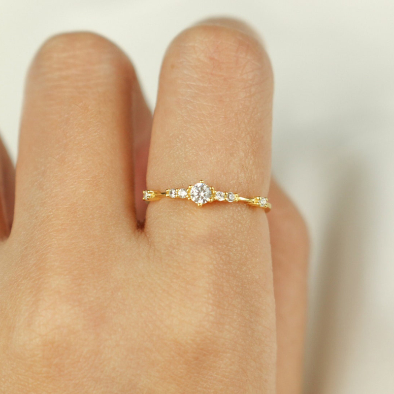 Diamond White Round Cut Yellow Gold Stacking Minimalist Ring in Sterling Silver