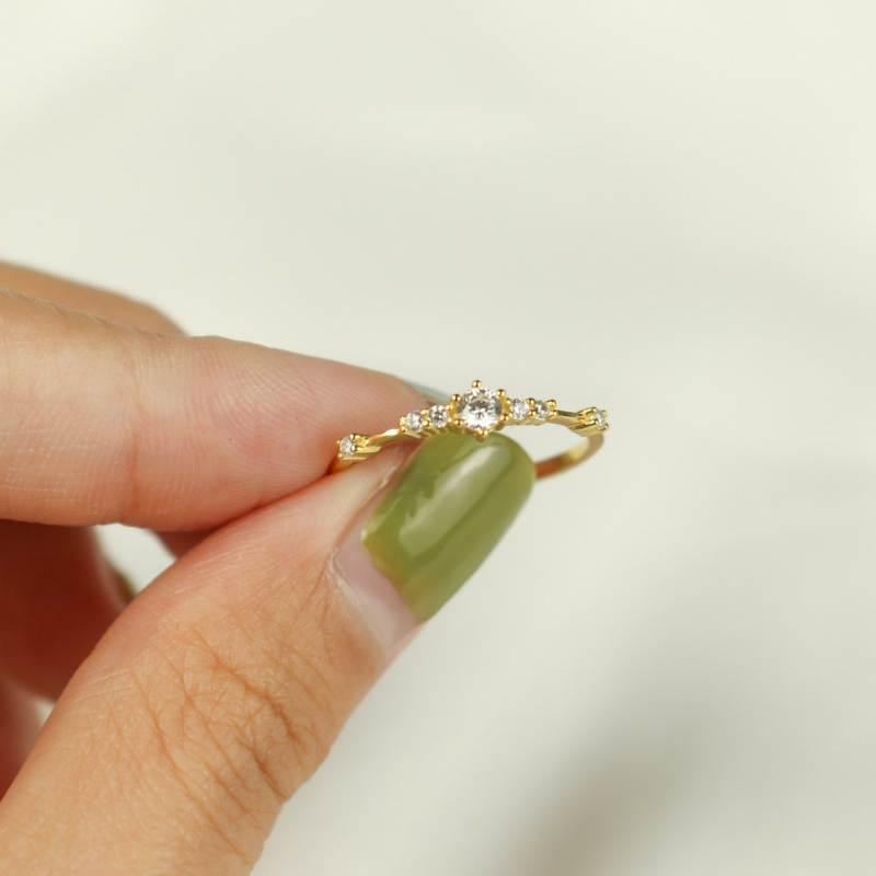 Diamond White Round Cut Yellow Gold Stacking Minimalist Ring in Sterling Silver