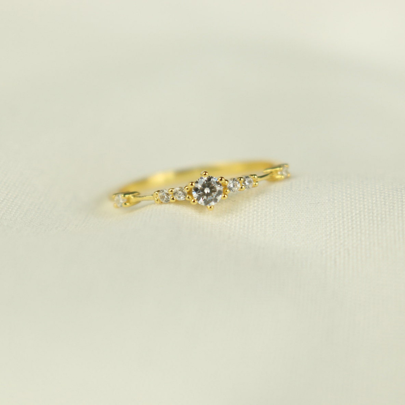 Diamond White Round Cut Yellow Gold Stacking Minimalist Ring in Sterling Silver