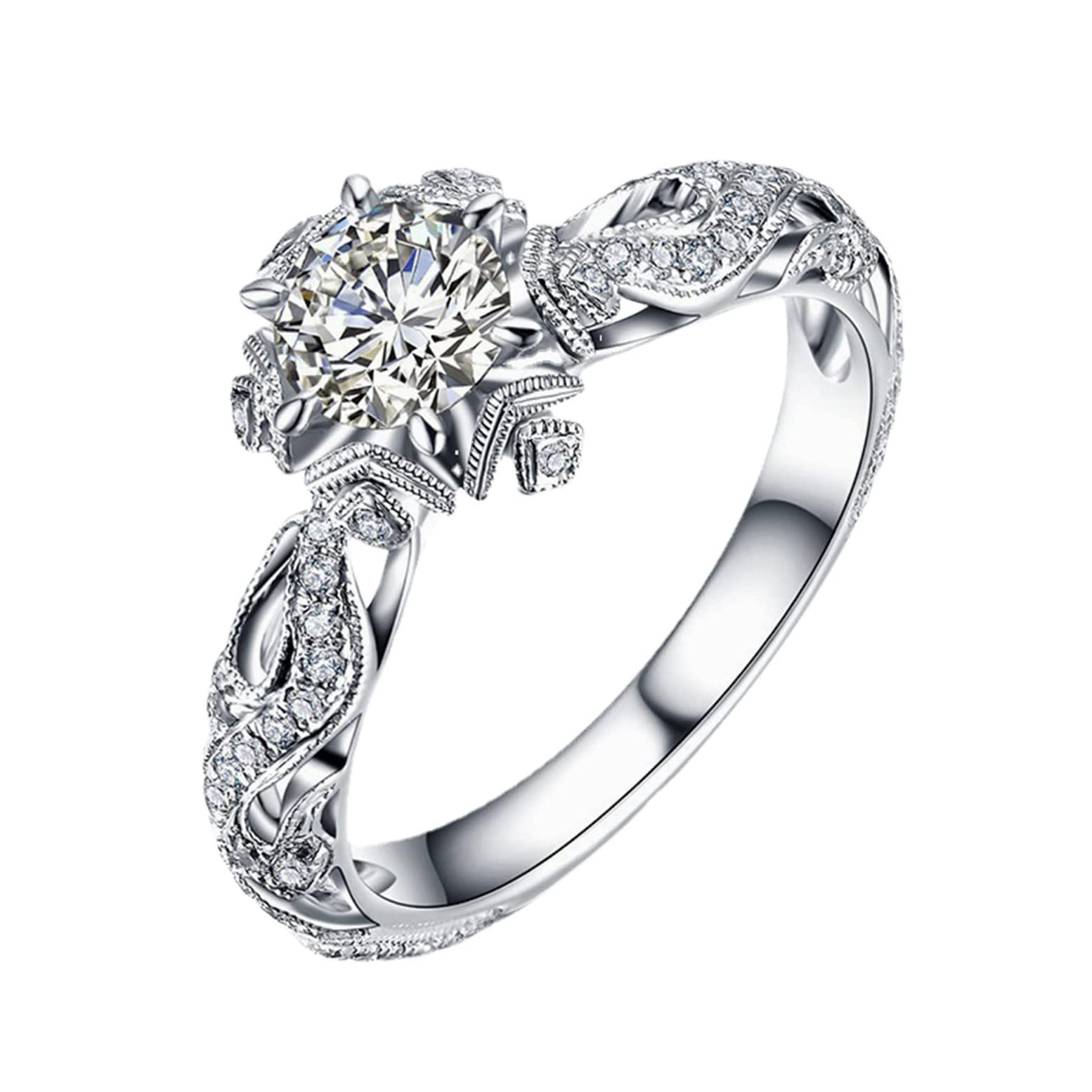 Round Cut Diamond White Art Deco Halo Engagement Ring in 925 Sterling Silver