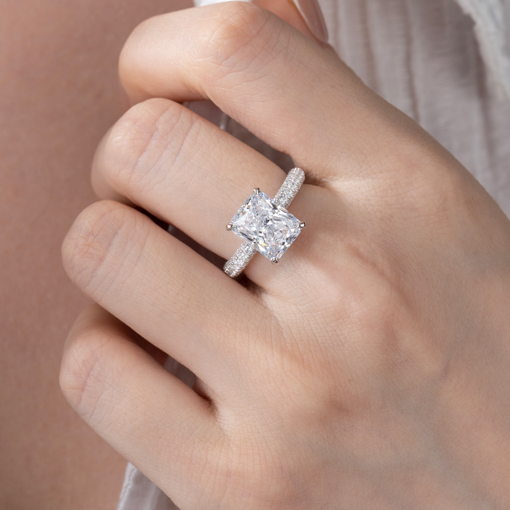 Radiant Cut Diamond White Art Deco Halo Engagement Ring in 925 Sterling Silver