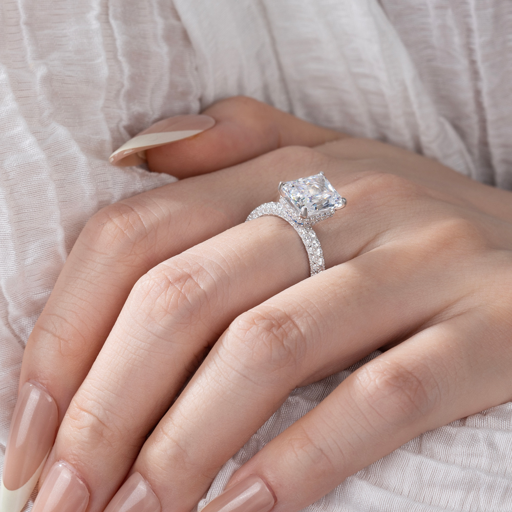 Radiant Cut Diamond White Art Deco Halo Engagement Ring in 925 Sterling Silver