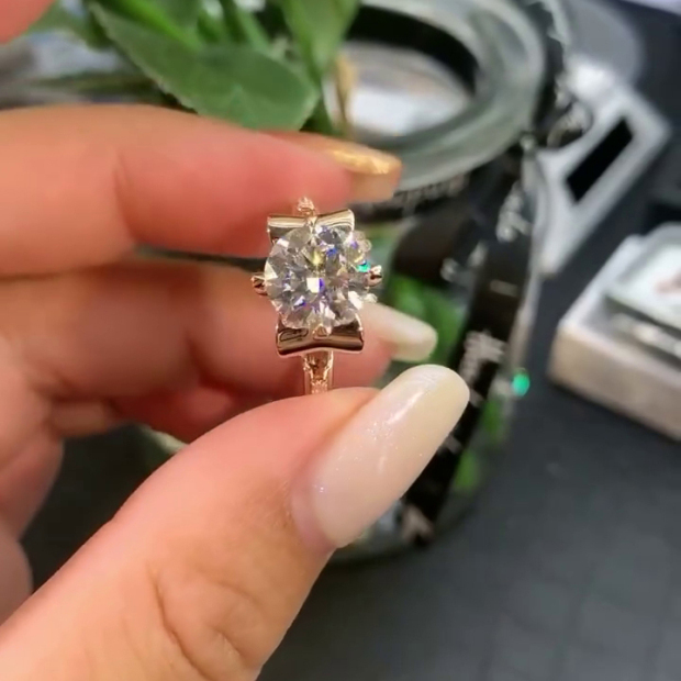 Round Cut Diamond White Art Deco Rose Gold 925 Sterling Silver Engagement Ring